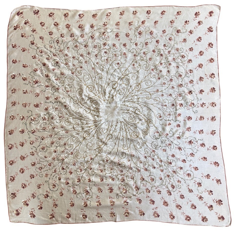 Vintage Floral Square Scarf Brown Beige‎ Rose Pattern 30x30
